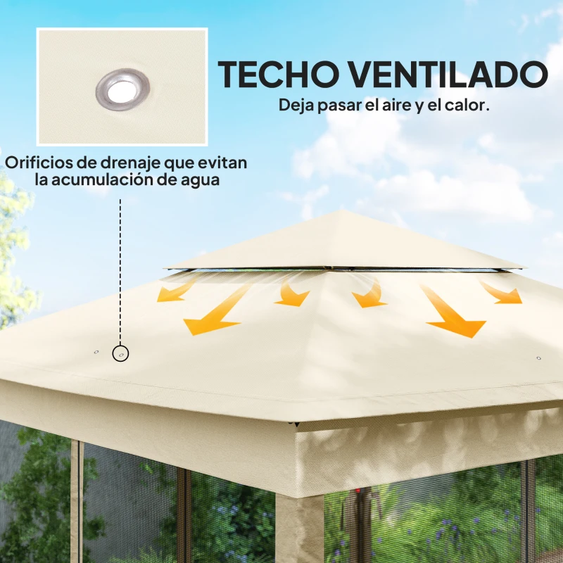 Outsunny Cenador de Jardín 3x3x2,7 m con Doble Techo Paredes Laterales Desmontables y Marco Metálico Crema