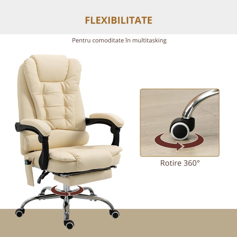 Vinsetto Fotoliu pentru Masaj Pivotant si Ergonomic cu Inaltime Reglabila cu 6 Puncte de Vibratie, 65x160x104 cm, Crem