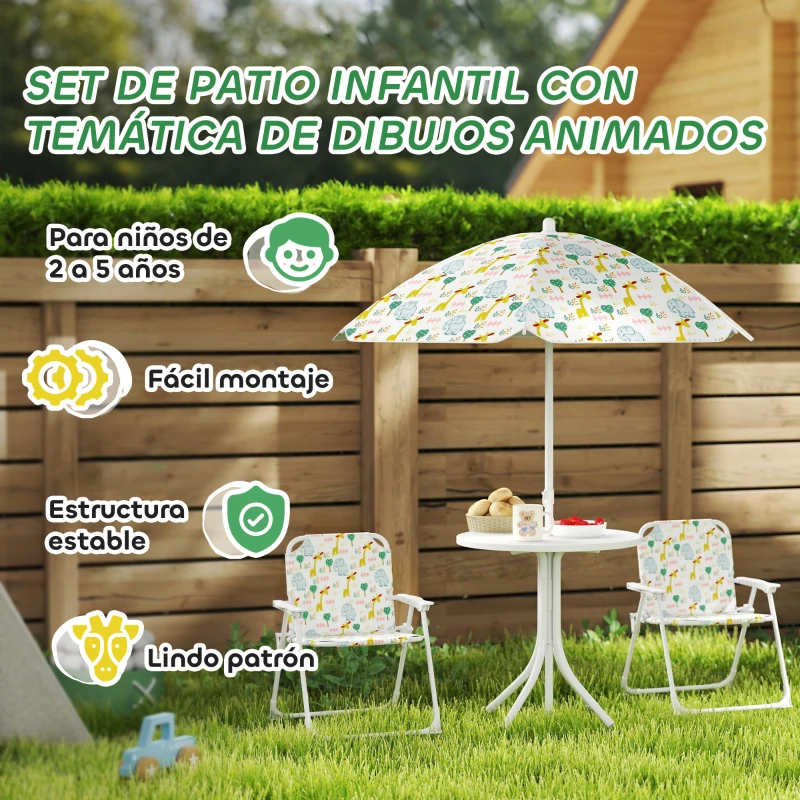 AIYAPLAY Conjunto de Mesa y Sillas Infantil de Jardín 4 Piezas Sillas Plegables Sombrilla Ajustable Diseño de Elefantes Blanco