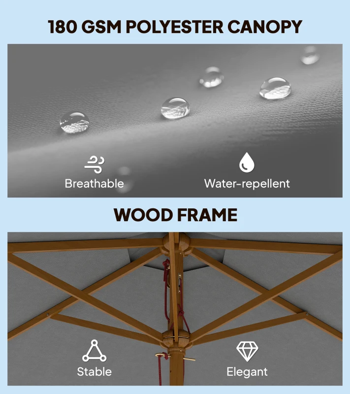 Outsunny 2.5m Wood Garden Parasol Sun Shade Patio Outdoor Wooden Umbrella Canopy, Table Market Umbrella with Vent, 38mm Pole, Rope Pulley Mechanism, Grey