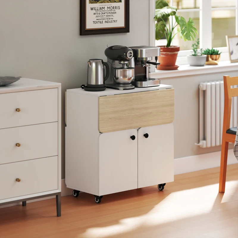 HOMCOM Mesa de jantar dobrável com rodízios, mesa de cozinha 4 pessoas, 2 abas rebatíveis, prateleira, armário, 70x83x75cm, branco