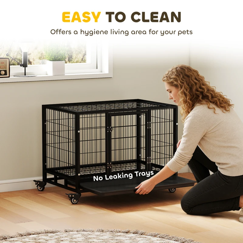PawHut 36" Heavy Duty Metal Dog Crate Pet Cage with Tray Wheeled Dog Kennel - Black (Medium)