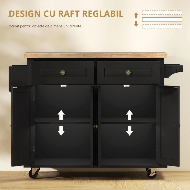 HOMCOM Insula Bucatarie pe Roti – Blat Lemn, Rafturi & Suporturi(m-4)