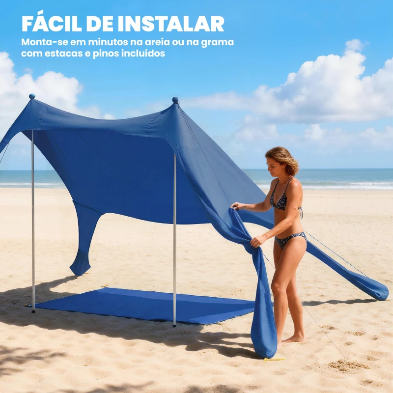 Outsunny Tenda de Praia Dobrável com Esteira UPF50+ Postes de Alumínio Pá Estacas e Bolsa de Transporte 208x200 cm Azul