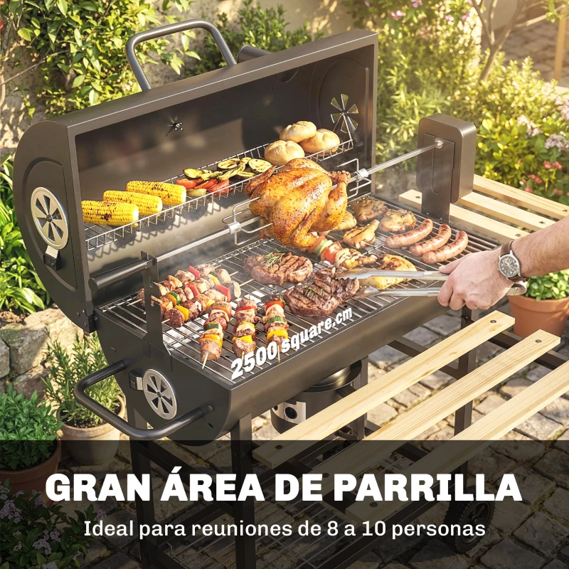 Outsunny Barbacoa de Carbón Portátil Barbacoa Carbón Barril con Asador Eléctrico Estantes Plegables Ruedas Termómetro