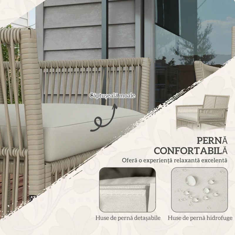 Outsunny Set de Grădină cu 2 Fotolii de Exterior, Canapea și Măsuță, 56x56x80 cm, Kaki(m-4)