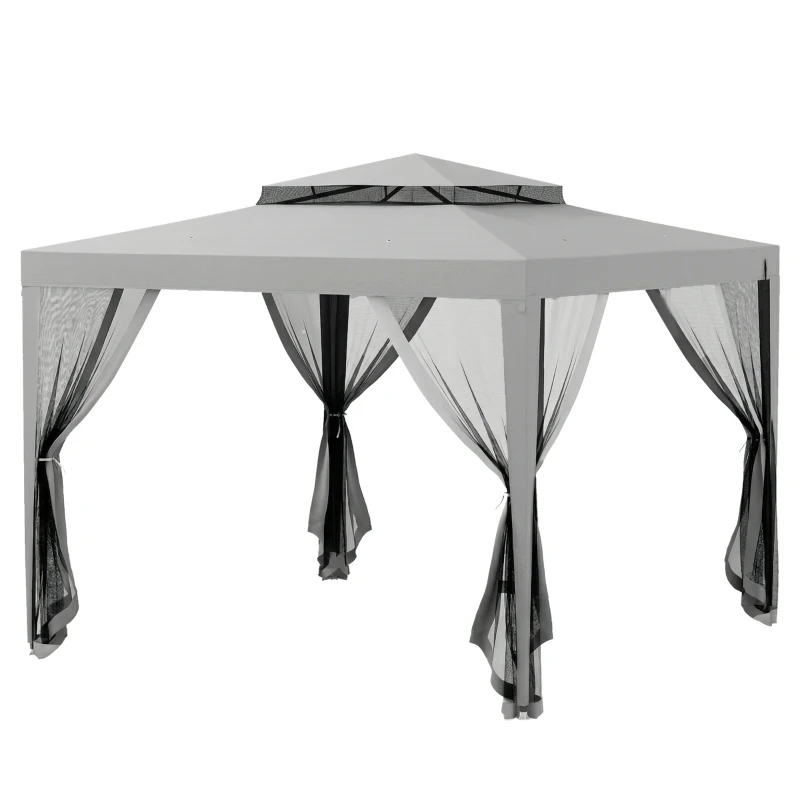 Outsunny 3 x 3 m Gazebo, Netting Party Tent, Patio Canopy Outdoor Event Shelter with Double Tier Roof, Light Grey