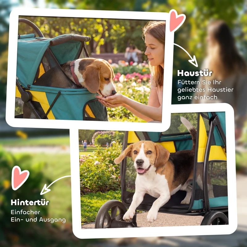 PawHut Hondenwagen opvouwbaar hondenbuggy tot 20kg met kussen, mesh-ramen, achterzak, 92 x 63 x 95 cm Donkergroen