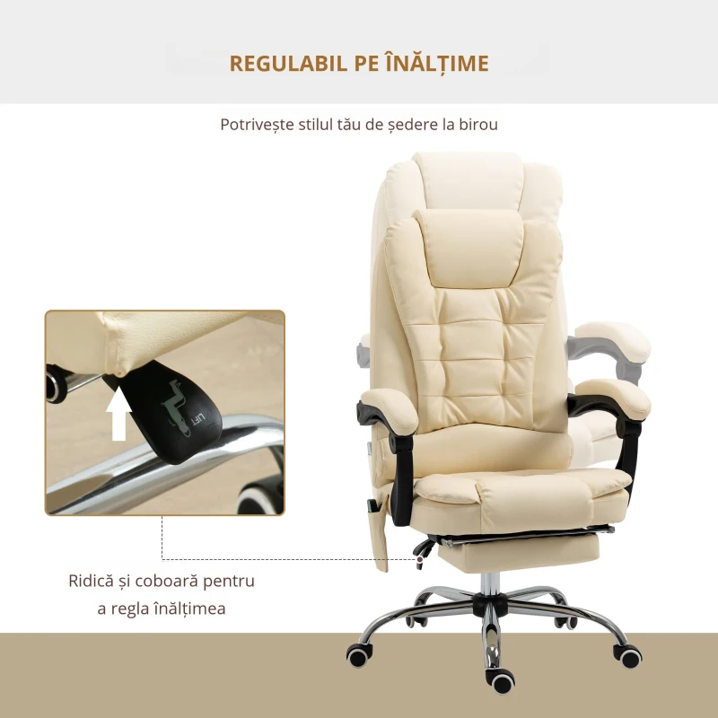 Vinsetto Fotoliu pentru Masaj Pivotant si Ergonomic cu Inaltime Reglabila cu 6 Puncte de Vibratie, 65x160x104 cm, Crem