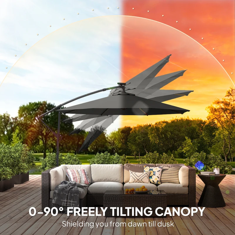 Outsunny Parasol ogrodowy LED Solar Ø300 cm, obrotowy z korbą, stojakiem i pokrowcem, ciemnoszary