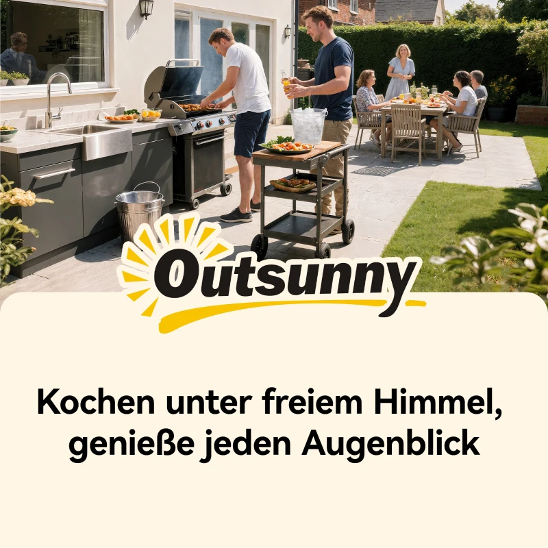 Outsunny Grillwagen 3-Etagen Grilltisch mit Edelstahl Arbeitsfläche Rollen mobiler Servierwagen 50 x 50 x 90 cm Schwarz