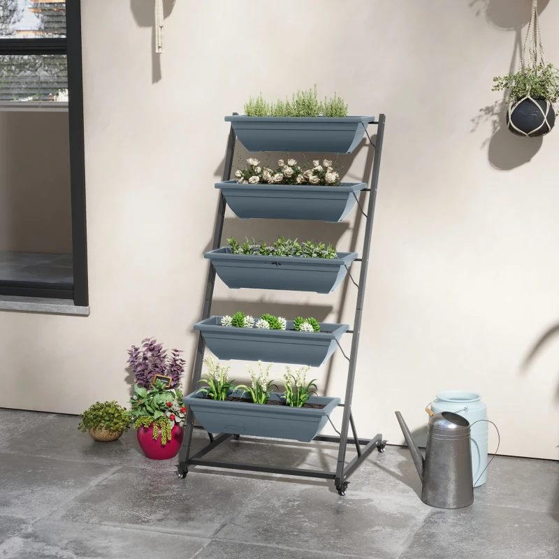Outsunny Stapelbare Plantentrap Bloemenstandaard Plantenbak, Weerbestendig, 65 x 67 x 145 cm, Grijs + Zwart(m-10)