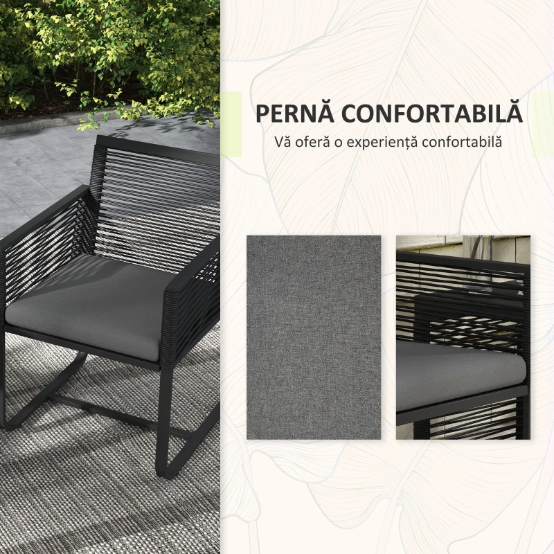 Outsunny Set de Mobilier de Grădină din 3 Piese din Ratan, Set cu Masă din Sticlă Securizată și Perne Moi, 53x57x77 cm, Negru