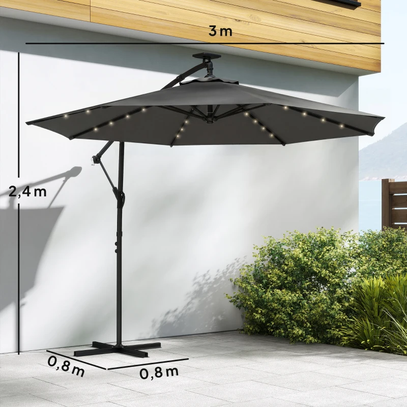 Outsunny Vrijhangende parasol LED Solar ca. Ø300 cm draaibaar parasol met slinger, standaard, beschermhoes Donkergrijs