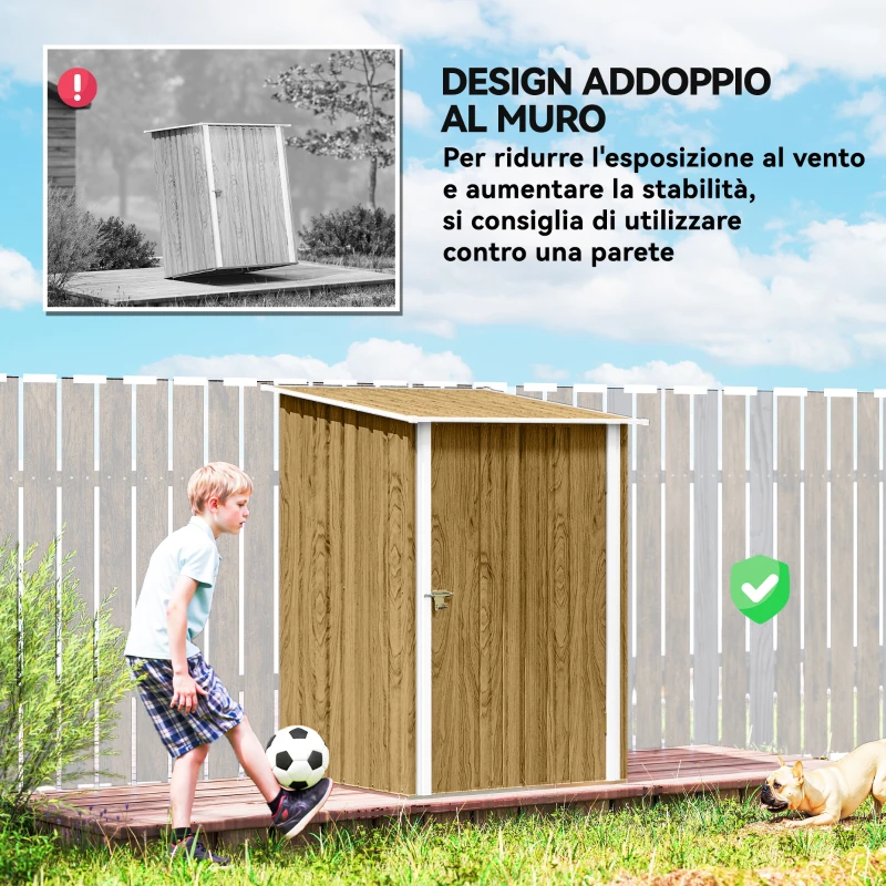 Outsunny Casetta da Giardino Porta Attrezzi in Acciaio Galvanizzato con Porta a Battente, 100x104x160 cm, Marrone Chiaro