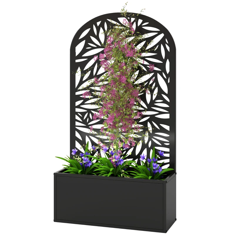 Outsunny Metal Garden Bed for Garden with Trellis, Wall Mounted or Freestanding Raised Planter with Curved Privacy Screen