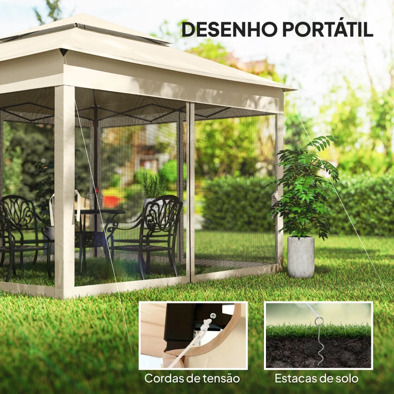 Outsunny Tenda Dobrável de Exterior Tenda de Jardim com Teto Duplo Rede Mosquiteira Amovível 325x325x270 cm Creme