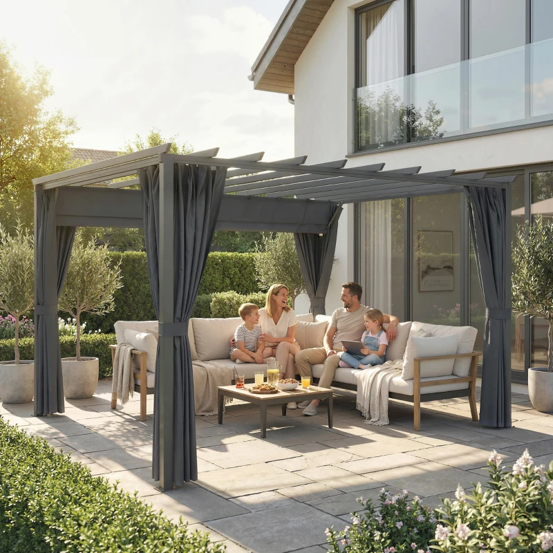 Outsunny Pergola ca. 3,6x3 m Tuinpaviljoen Terrasoverkapping van Aluminium Tuinoverkapping met Verstelbaar Dak Donkergrijs