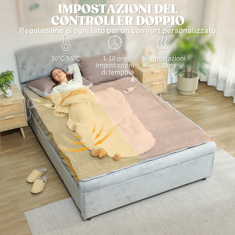 HOMCOM Coperta Elettrica 160x140 cm con 5 Livelli di Calore e 2 Telecomandi, in Pile e Poliestere Grigio