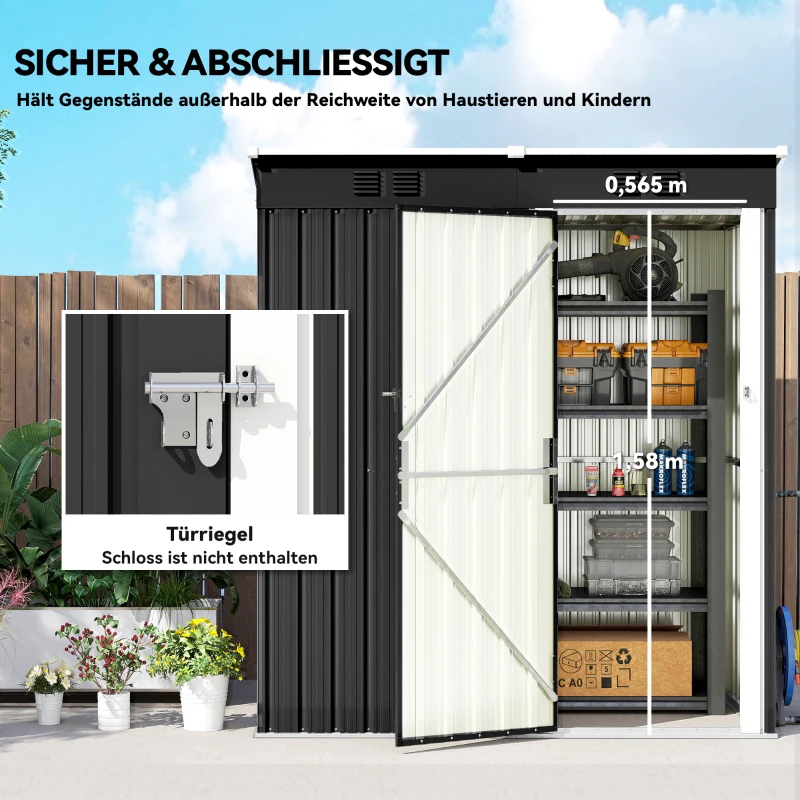 Outsunny Metalen gereedschapsschuur 1,37 m², afsluitbare schuur met ventilatie, schuin dak en handschoenen, 163 x 90 x 179 cm