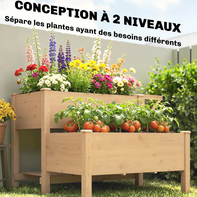 Outsunny Potager sur Pieds à 2 niveaux Jardinières surélevées étagères doublure trous de drainage 119,5x102x76,5cm, marron clair