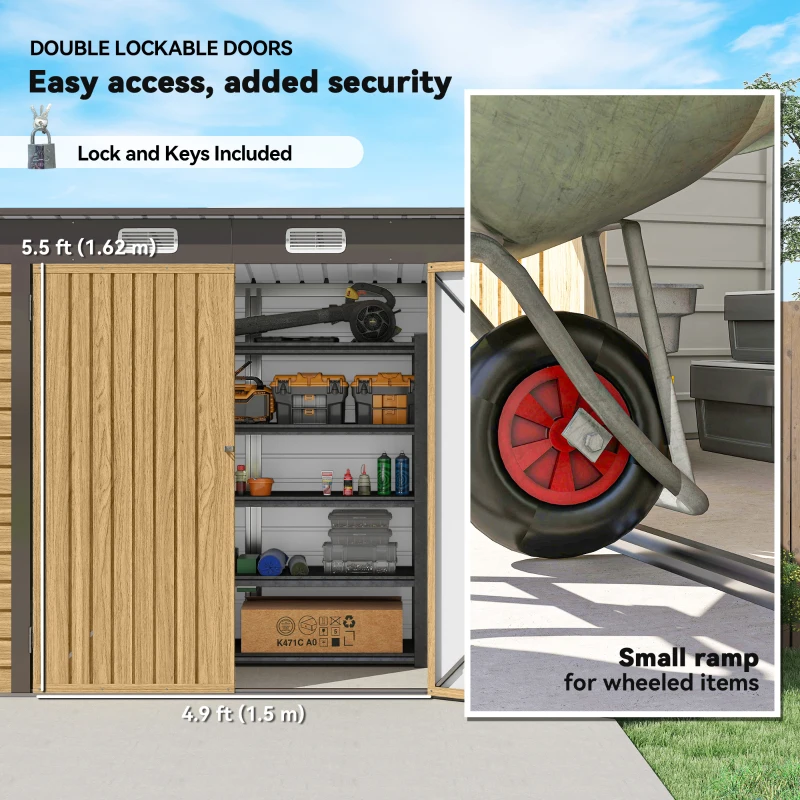 Outsunny 3.7 x 7.9ft Galvanised Steel Shed, with Latched Door and Padlock - Oak