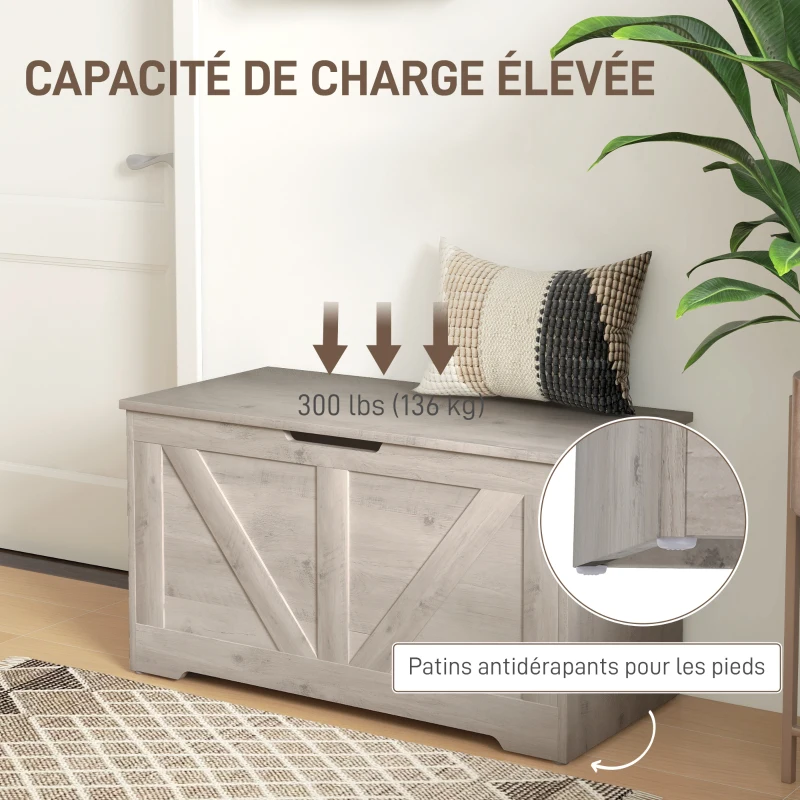 HOMCOM Coffre de rangement, banc de rangement avec couvercle rabattable et charnières de sécurité, 80 x 40 x 45 cm, gris