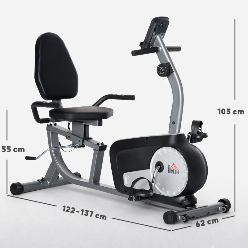 HOMCOM Bicicleta Estática con Respaldo 8 Niveles de Resistencia Magnética Longitud Ajustable Pantalla LCD para Casa Gris
