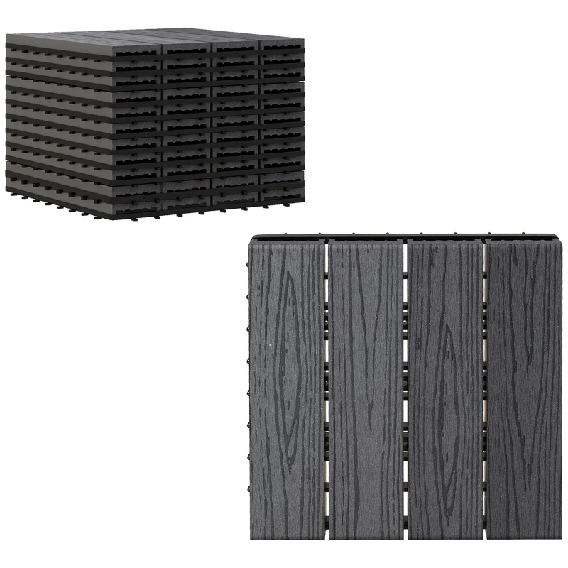Outsunny WPC Interlocking Decking Tiles, Pack of 11 Interlocking Patio Paving Slabs, 30 x 30 x 2.2 cm, Grey