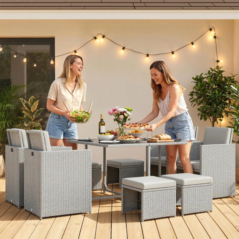 Outsunny 9 Piece Rattan Cube Garden Furniture Dining Set with Armchairs, Footstools and Glass-Top Table, Light Grey