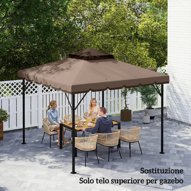 Outsunny Copertura per Gazebo 3x3 m a 2 Livelli con 8 Fori di Drenaggio, in Poliestere Cachi e Marrone