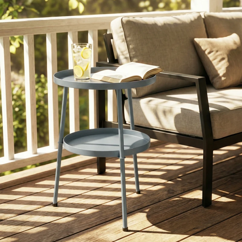 Outsunny Bijzettafel Ø36 cm, Balkontafel van Metaal, Buitentafel, Ronde Terrastafel voor Tuin, Terras of Balkon, Donkergrijs