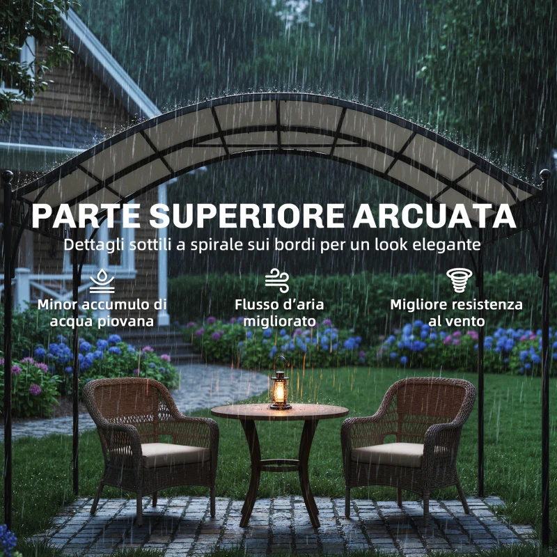 Outsunny Pergola Gazebo 3x3 m con Tetto ad Arco, in Metallo e Poliestere 180g/m², Bianco Crema