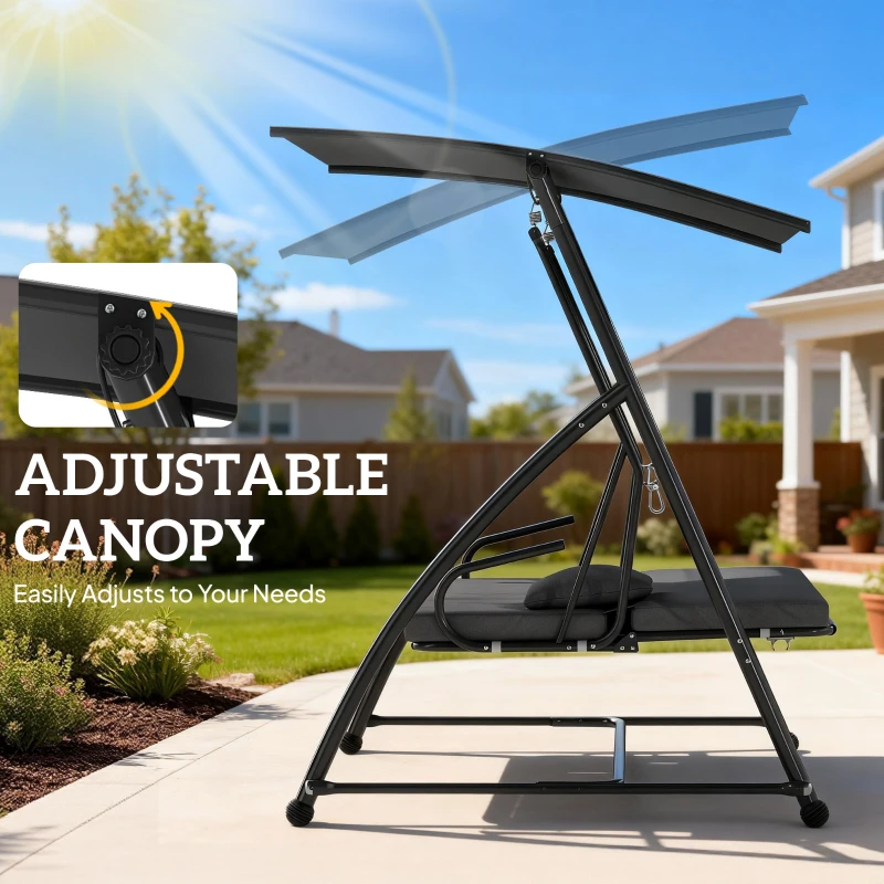 Outsunny Outdoor 2-in-1 Swing Chair Lounger 3 Seater Garden Swing Seat Bed Convertible Tilt Canopy W/ Cushion, Dark Grey