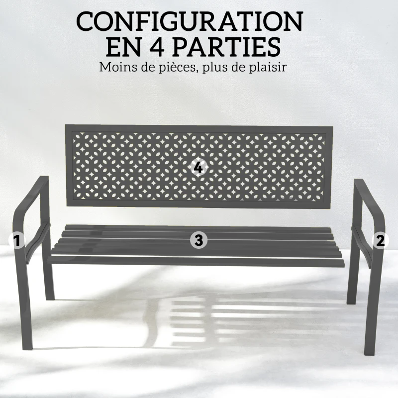 Outsunny Banc d'extérieur en métal, 2 places, avec dossier géométrique antirouille et accoudoirs, gris foncé