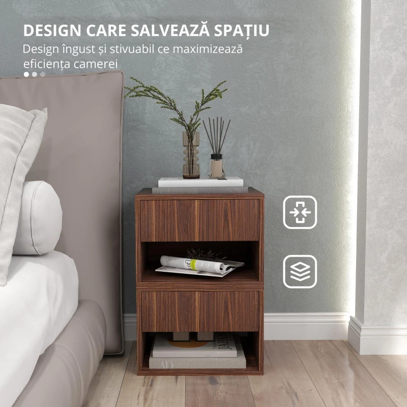 HOMCOM Set 2 Noptiere Suspendate cu Sertar și Raft Inferior Deschis, Noptiere pentru Dormitor din MDF, 40x34x29 cm, Maro(m-7)