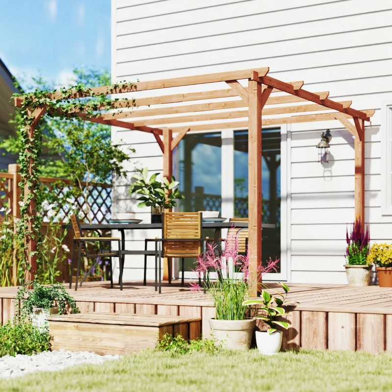 Outsunny 3 x 3 m Wooden Pergola Kit, Garden Pergola Gazebo Grape Trellis with Triangle Supports, 5 Beams, Maple Wood-effect