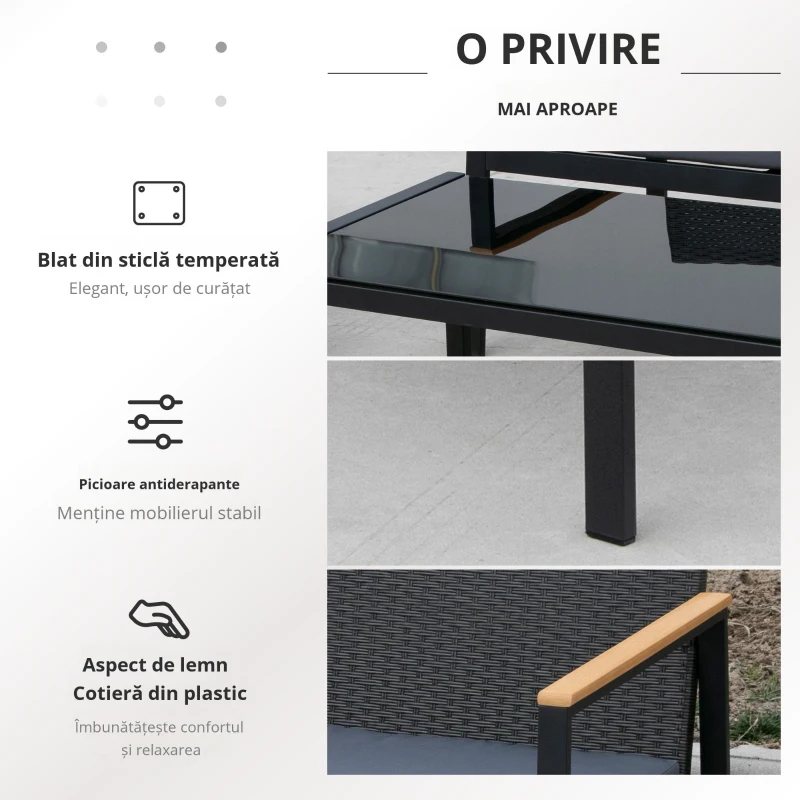 Outsunny Set Mobilier de Grădină din Ratan din 2 Scaune cu Brațe pentru Terasă, Bancă și Masă de Cafea, 80x42x37 cm, Negru(m-6)