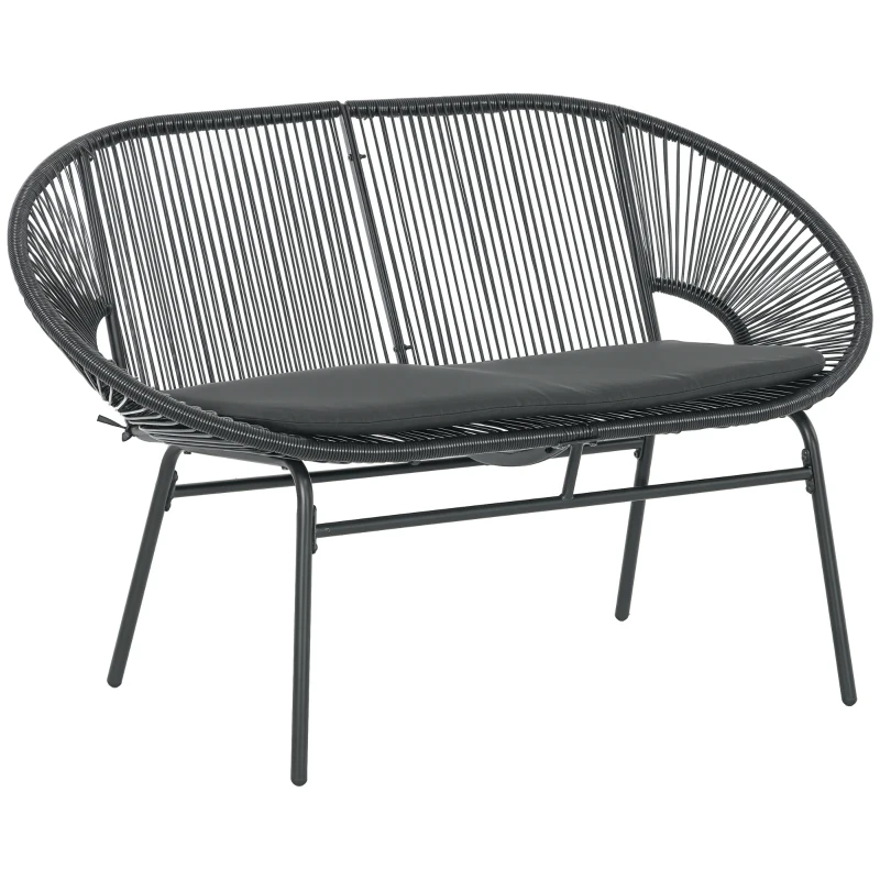 Outsunny Divano da Giardino 2 Posti in Rattan PE e Acciaio con Cuscini e Braccioli, 132x72x83 cm, Nero