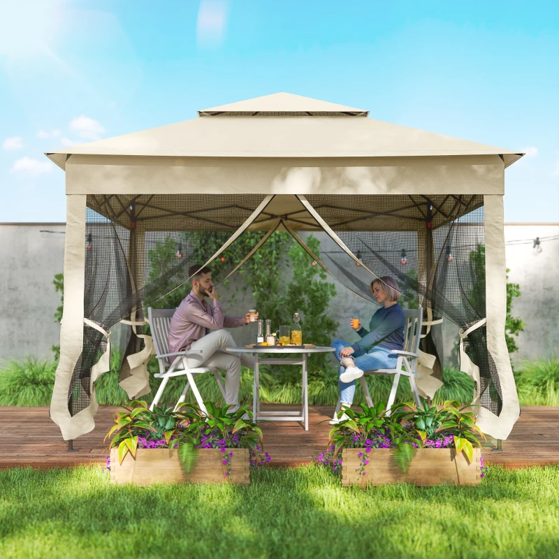 Outsunny Tenda Dobrável de Exterior Tenda de Jardim com Teto Duplo Rede Mosquiteira Amovível 325x325x270 cm Creme