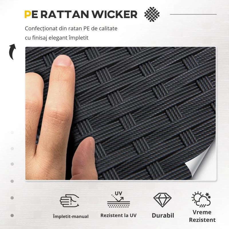 Outsunny Set Mobilier de Grădină din Ratan din 2 Scaune cu Brațe pentru Terasă, Bancă și Masă de Cafea, 80x42x37 cm, Negru(m-7)