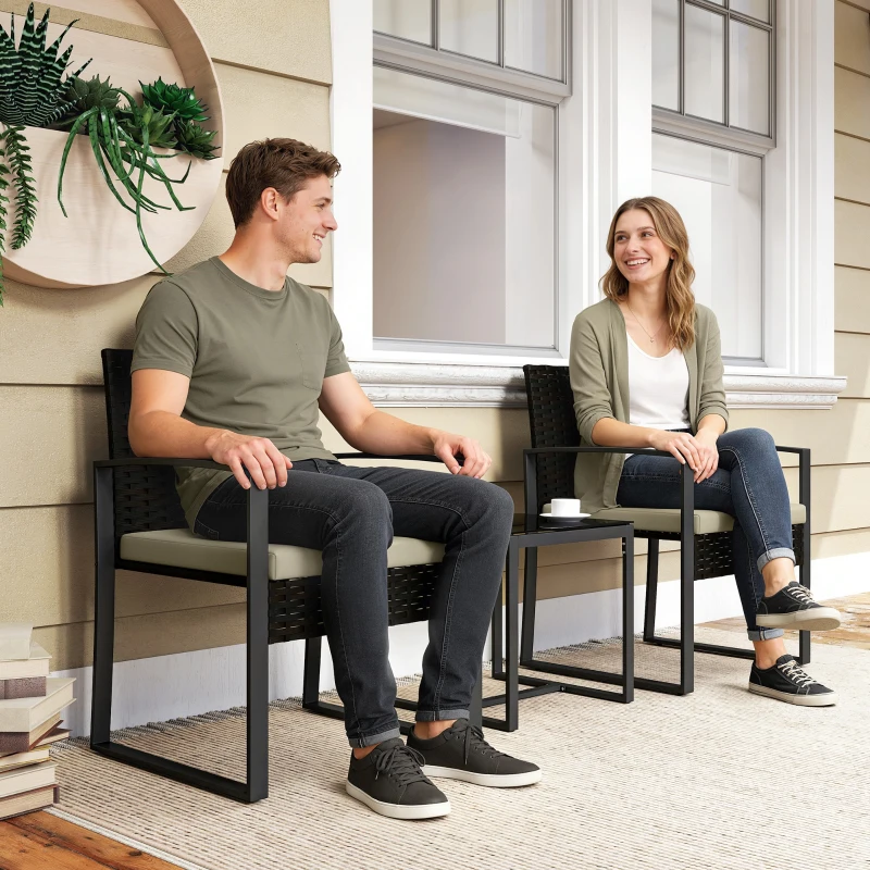 Outsunny Rattan Bistro Set, 3 Piece Garden Furniture Set with Glass Top Table and Cushions, Khaki