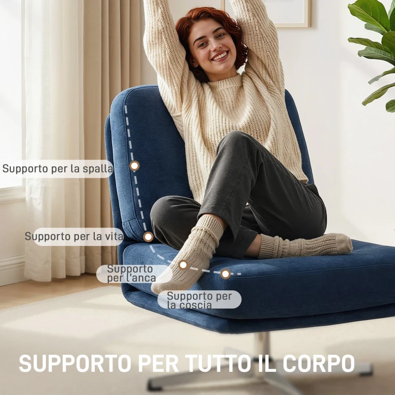 HOMCOM Poltrona da Salotto Girevole Rivestita in Ciniglia con Seduta Larga e Gambe in Metallo, Blu Scuro