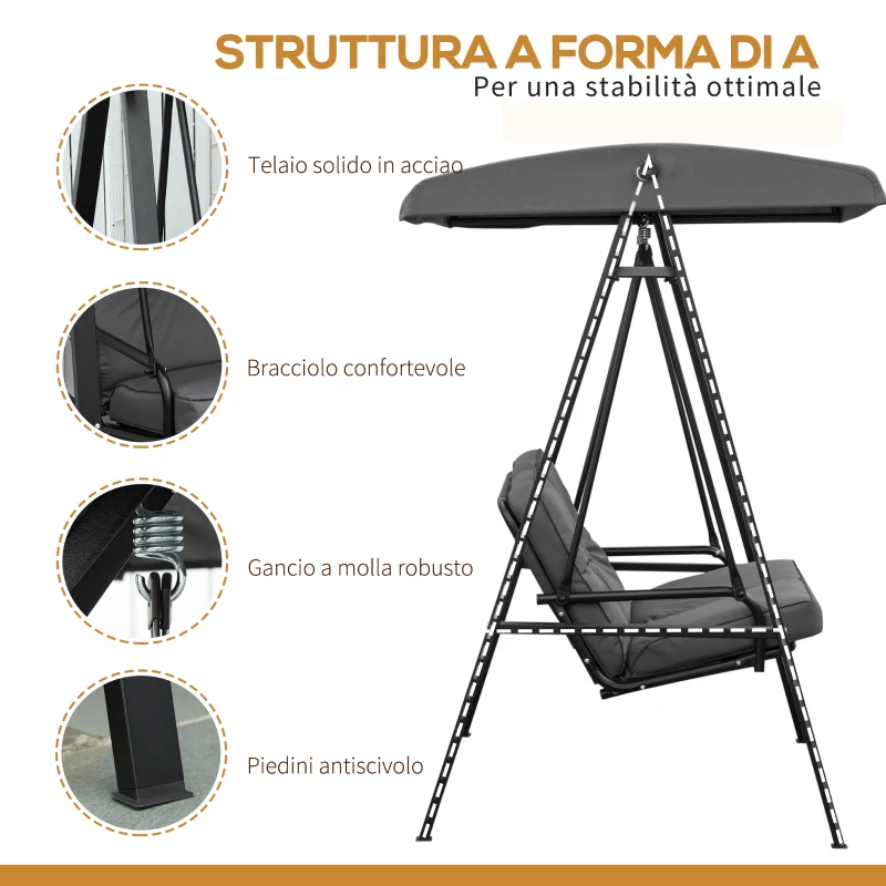 Outsunny Dondolo 2 Posti con Tettuccio Regolabile e Cuscini, in Acciaio e Poliestere, 144x117x173 cm, Grigio