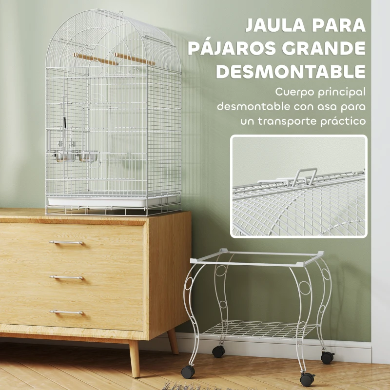PawHut Jaula para Pájaros con Ruedas y Estante 51x51x153 cm con Parte Superior Abatible Comederos y Bandeja Extraíble Blanco