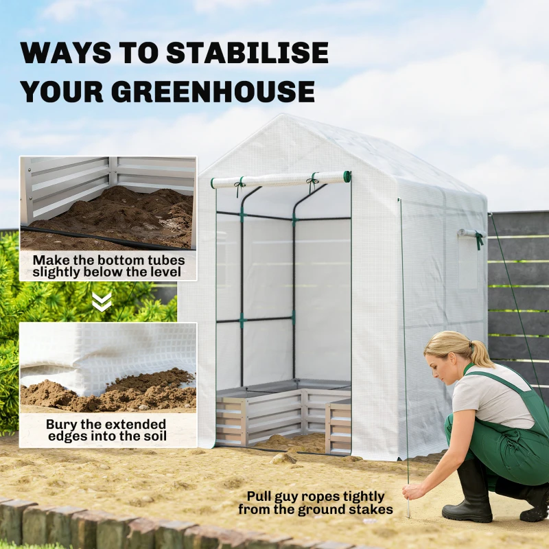 Outsunny Small Greenhouse with Raised Garden Bed, Galvanised Walk-in Greenhouse with Roll Up Windows, 141 x 141 x 190 cm, White