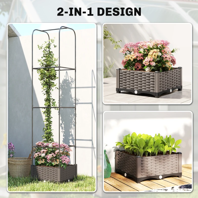 Outsunny Raised Garden Bed with Trellis, Plastic Planter Box with Drainage Holes, Drain Plugs and Water Reservoirs