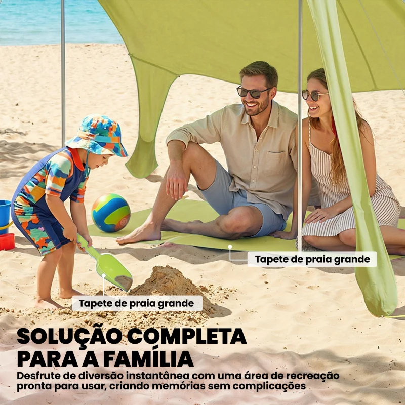 Outsunny Tenda de Praia Dobrável com Tapete UPF50+ Postes de Alumínio Pá Estacas e Bolsa de Transporte 208x200 cm Verde