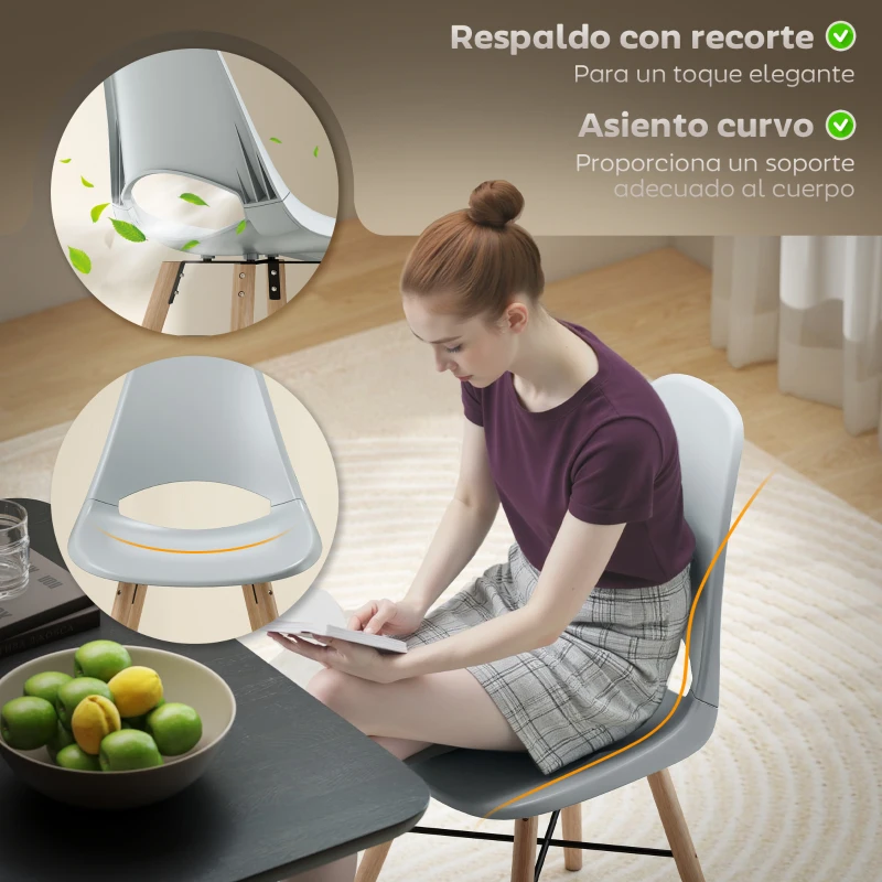 HOMCOM Pack de 2 Sillas de Comedor de Plástico con Respaldo Curvado y Patas de Madera de Caucho Gris