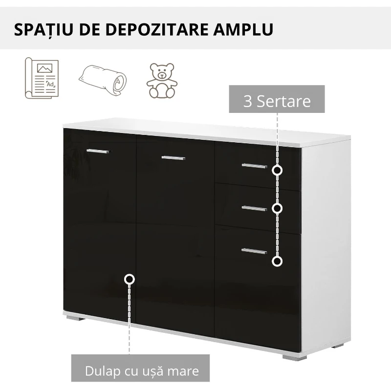 HOMCOM Dulapior-consola cu Usi si Sertare Negru Lucios 106 x 76 x 35 cm(m-6)
